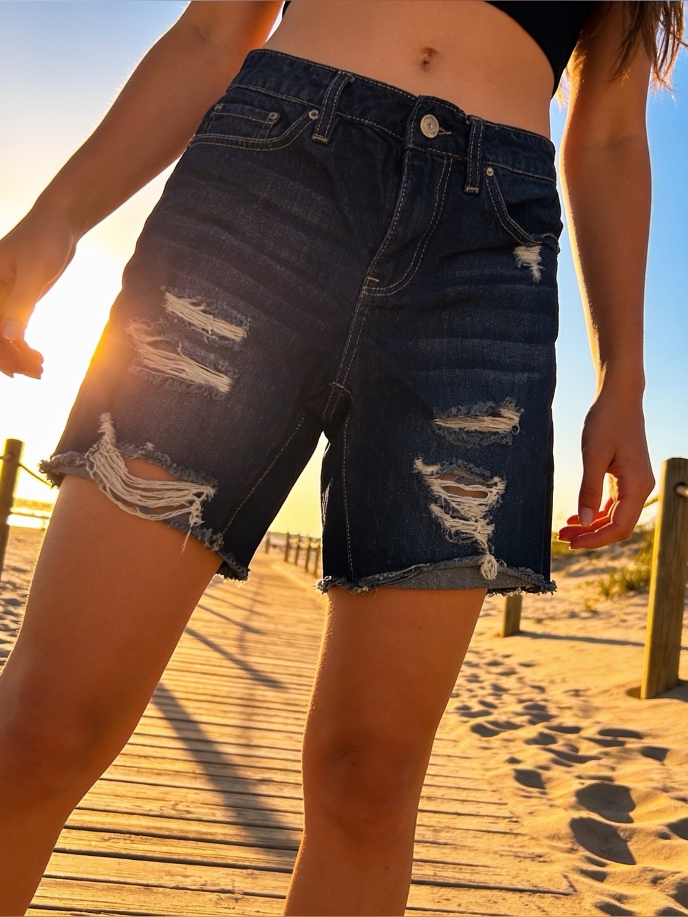 YMI | Women’s Distressed Dark Blue Denim Bermuda Shorts | 9